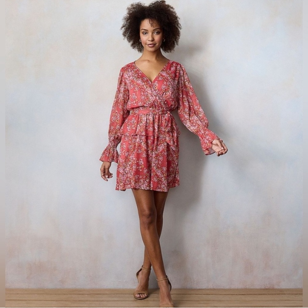 LC Lauren Conrad Plus Size Red Floral Peplum Faux-Wrap Mini Dress xxl